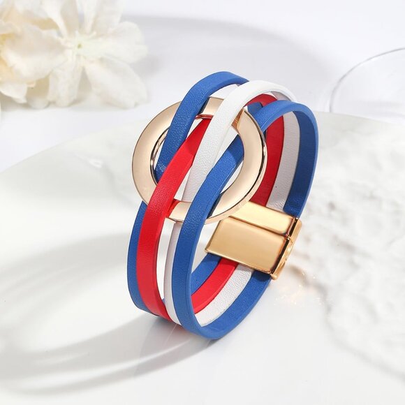 Blue White Red Charm Leather Wrap Bracelet Handmade Cuff Bracelets for Women - Picture 2 of 2